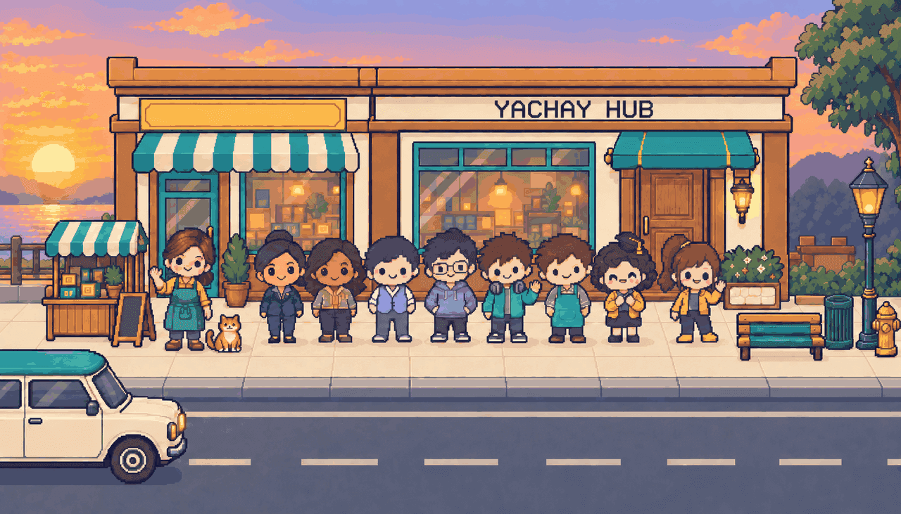 La calle de Yachay Hub al atardecer, con el equipo y Elena frente a sus puertas.
